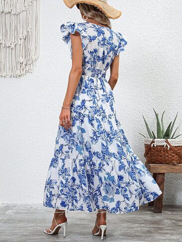 Milumia فساتين صيفية بوهيمية واسعة للنساء 2023 بوهو الأزهار الخامس الرقبة كشكش هيم فستان ماكسي in Kuwait