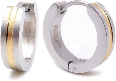 Steelmeup Stainless Steel Stripe Men Hoop Earrings 2-tone Gold Black Silver 16mm in Kuwait