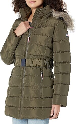TOMMY HILFIGER Women Fur Long Puffer Hooded Belt at Waist Jacket, Juniper, X-Large in Saudi Arabia