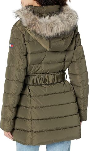 TOMMY HILFIGER Women Fur Long Puffer Hooded Belt at Waist Jacket, Juniper, X-Large in Saudi Arabia