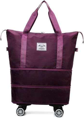 Travel Tote Bags with Trolley Sleeve Expandable Extra Waterproof Oxford Duffel Bag with Wheels Lightweight Traveling Foldable Suitcase (Light Gray, Detachable Wheels) in Kuwait