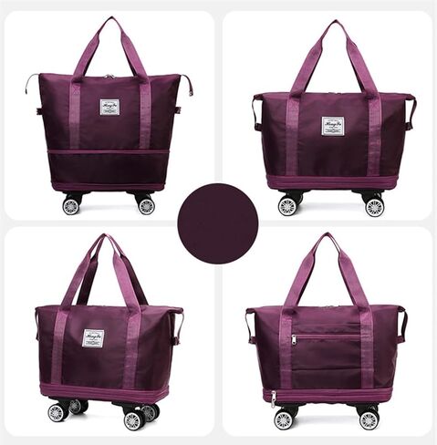 Travel Tote Bags with Trolley Sleeve Expandable Extra Waterproof Oxford Duffel Bag with Wheels Lightweight Traveling Foldable Suitcase (Light Gray, Detachable Wheels) in Kuwait
