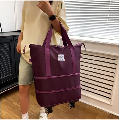 Travel Tote Bags with Trolley Sleeve Expandable Extra Waterproof Oxford Duffel Bag with Wheels Lightweight Traveling Foldable Suitcase (Light Gray, Detachable Wheels) in Kuwait