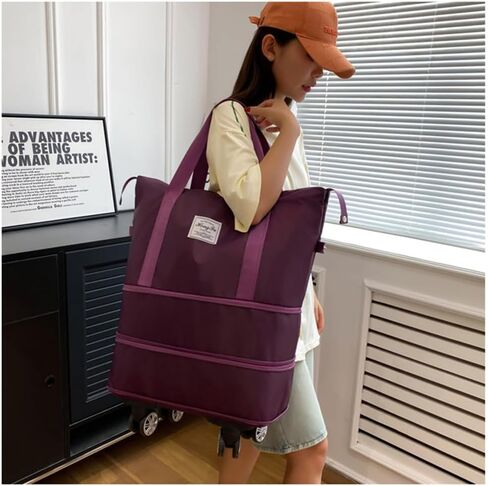 Travel Tote Bags with Trolley Sleeve Expandable Extra Waterproof Oxford Duffel Bag with Wheels Lightweight Traveling Foldable Suitcase (Light Gray, Detachable Wheels) in Kuwait