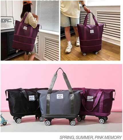 Travel Tote Bags with Trolley Sleeve Expandable Extra Waterproof Oxford Duffel Bag with Wheels Lightweight Traveling Foldable Suitcase (Light Gray, Detachable Wheels) in Kuwait