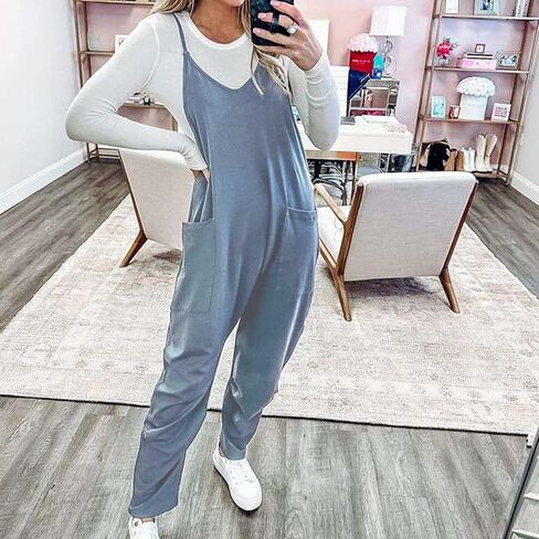 Songling Women's Casual Sleeveless Jumpsuit Loose Fit V Neck Spaghetti Strap Overalls Long Harem Pants with Pockets(Blue-Gray,L) in Kuwait