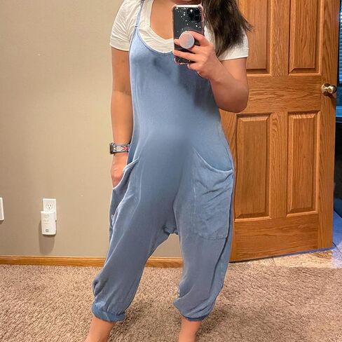 Songling Women's Casual Sleeveless Jumpsuit Loose Fit V Neck Spaghetti Strap Overalls Long Harem Pants with Pockets(Blue-Gray,L) in Kuwait
