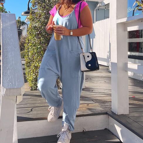 Songling Women's Casual Sleeveless Jumpsuit Loose Fit V Neck Spaghetti Strap Overalls Long Harem Pants with Pockets(Blue-Gray,L) in Kuwait