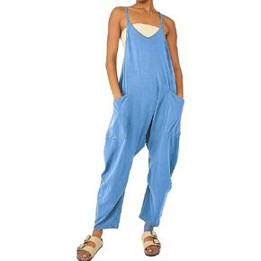 APAFES Women Loose Stretchy Harem Jumpsuits Baggy V Neck Adjustable Spaghetti Strap One Piece Overalls Rompers with Pockets in Kuwait