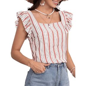 قميص نسائي صيفي مخطط برقبة مربعة من SweatyRocks، بلوزة بأكمام قصيرة وكشكشة كاجوال in Kuwait