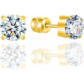 Hopply Titanium Screw Back Surgical Stainless Steel Stud Earrings for Women Men,Rainbow 5A Cubic Zirconia Studs Double Side Earrings Piercing Sleeper Studs Jewelry 6mm