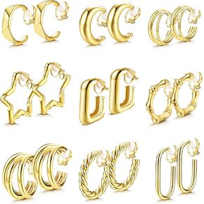 Florideco 9 أزواج من الذهب عيار 14 قيراط على الأقراط للنساء مشبك أنيق على الأقراط الذهبية والفضية أقراط دائرية مكتنزة لا ثقب أقراط وهمية للفتيات المراهقات هدية in Kuwait