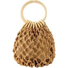 Ayliss Women Mini Clutch Tote Handbag Top-handle Bucket Drawstring Handbag Beach Woven Handmade Fishing Net Bag Pouch Purse