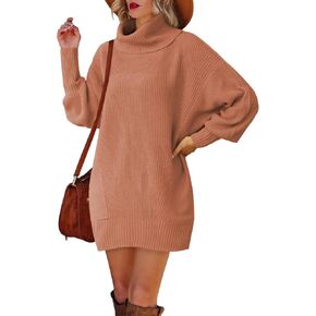Pink Queen Women's Turtleneck Batwing Long Sleeve Ribbed Loose Oversized Short Pullover Sweater Dress