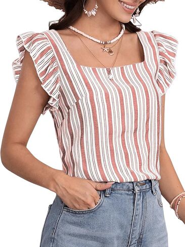 SweatyRocks Women's Summer Square Neck Striped Shirt Casual Ruffle Cap Sleeve Blouse Tank Top in Kuwait