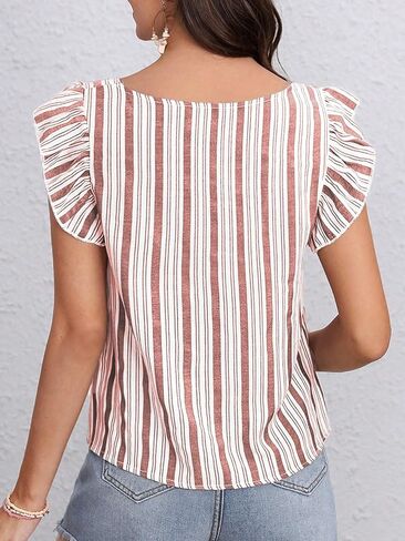 SweatyRocks Women's Summer Square Neck Striped Shirt Casual Ruffle Cap Sleeve Blouse Tank Top in Kuwait