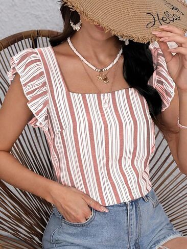 SweatyRocks Women's Summer Square Neck Striped Shirt Casual Ruffle Cap Sleeve Blouse Tank Top in Kuwait