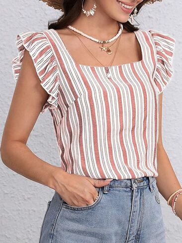 SweatyRocks Women's Summer Square Neck Striped Shirt Casual Ruffle Cap Sleeve Blouse Tank Top in Kuwait