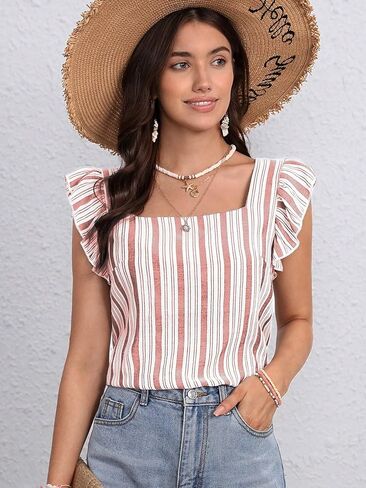 SweatyRocks Women's Summer Square Neck Striped Shirt Casual Ruffle Cap Sleeve Blouse Tank Top in Kuwait