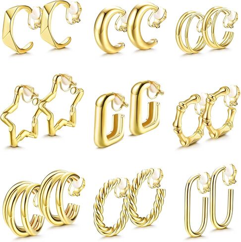 Florideco 9 أزواج من الذهب عيار 14 قيراط على الأقراط للنساء مشبك أنيق على الأقراط الذهبية والفضية أقراط دائرية مكتنزة لا ثقب أقراط وهمية للفتيات المراهقات هدية in Kuwait