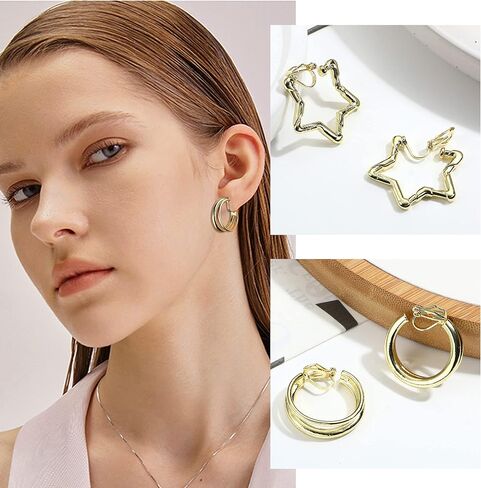 Florideco 9 أزواج من الذهب عيار 14 قيراط على الأقراط للنساء مشبك أنيق على الأقراط الذهبية والفضية أقراط دائرية مكتنزة لا ثقب أقراط وهمية للفتيات المراهقات هدية in Kuwait