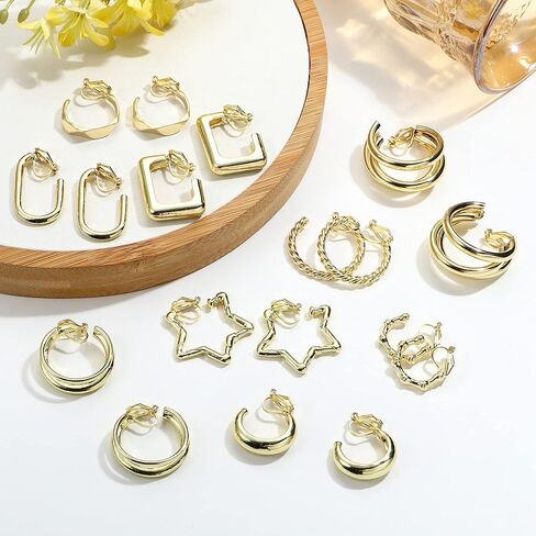 Florideco 9 أزواج من الذهب عيار 14 قيراط على الأقراط للنساء مشبك أنيق على الأقراط الذهبية والفضية أقراط دائرية مكتنزة لا ثقب أقراط وهمية للفتيات المراهقات هدية in Kuwait