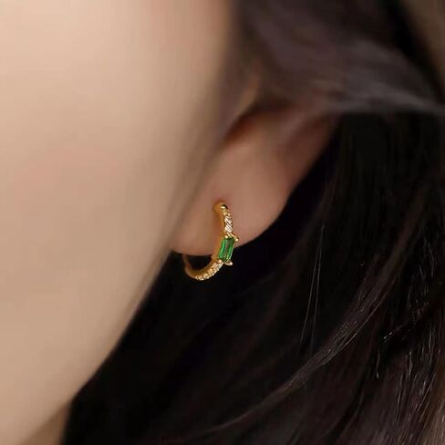 Yurielys Clip on Hoop Earring, 16K Gold Plated Cubic Zircon Open C Small Emerald Hoop Earrings, Fake Piercing Minimalist Earrings for Women Girls, Small, Cubic Zirconia, Cubic Zirconia in Kuwait