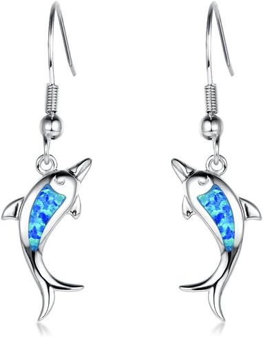 Cute Dolphin Hook Hoop Earrings Sterling Silver Plated Synthetic Opal Small Sea Life Fish Animal Dangle Charm Drop Ear Piercing Fake Huggie Hoops Earring Lovely Jewelry Gifts for Women Girls BBF Sensitive Ears in Saudi Arabia
