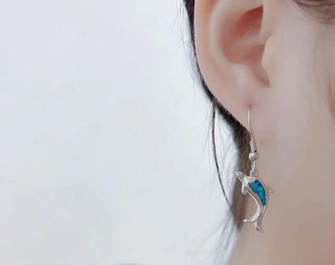 Cute Dolphin Hook Hoop Earrings Sterling Silver Plated Synthetic Opal Small Sea Life Fish Animal Dangle Charm Drop Ear Piercing Fake Huggie Hoops Earring Lovely Jewelry Gifts for Women Girls BBF Sensitive Ears in Saudi Arabia