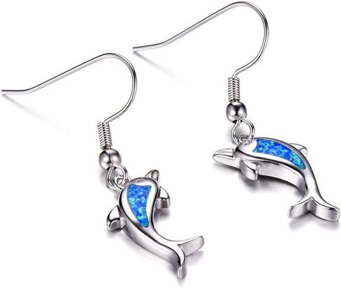 Cute Dolphin Hook Hoop Earrings Sterling Silver Plated Synthetic Opal Small Sea Life Fish Animal Dangle Charm Drop Ear Piercing Fake Huggie Hoops Earring Lovely Jewelry Gifts for Women Girls BBF Sensitive Ears in Saudi Arabia