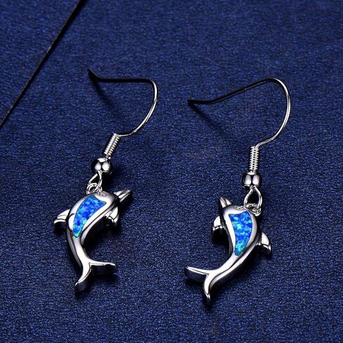 Cute Dolphin Hook Hoop Earrings Sterling Silver Plated Synthetic Opal Small Sea Life Fish Animal Dangle Charm Drop Ear Piercing Fake Huggie Hoops Earring Lovely Jewelry Gifts for Women Girls BBF Sensitive Ears in Saudi Arabia