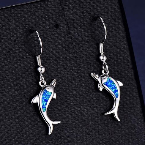 Cute Dolphin Hook Hoop Earrings Sterling Silver Plated Synthetic Opal Small Sea Life Fish Animal Dangle Charm Drop Ear Piercing Fake Huggie Hoops Earring Lovely Jewelry Gifts for Women Girls BBF Sensitive Ears in Saudi Arabia