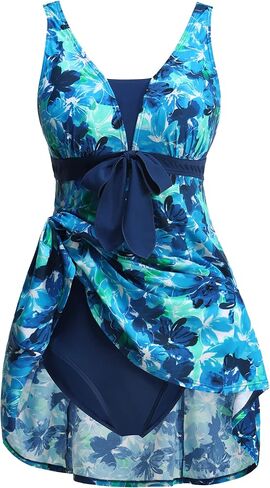Searainer Women's One Piece Swimsuit Plus Size Swim Dress V Neck Wrap-Front Printed Swimwear Tummy Control Bathing Suit in Saudi Arabia