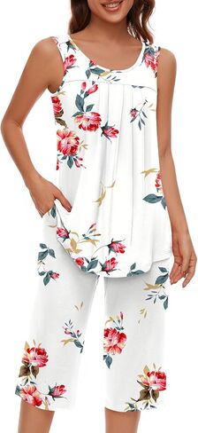 مجموعات بيجامات Findsweet للنساء بدون أكمام ناعمة من Pjs بدون أكمام وسروال كابري مع جيب للسيدات in Kuwait