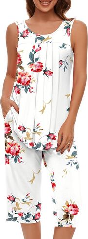 مجموعات بيجامات Findsweet للنساء بدون أكمام ناعمة من Pjs بدون أكمام وسروال كابري مع جيب للسيدات in Kuwait