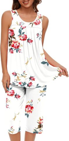 مجموعات بيجامات Findsweet للنساء بدون أكمام ناعمة من Pjs بدون أكمام وسروال كابري مع جيب للسيدات in Kuwait