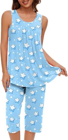 مجموعات بيجامات Findsweet للنساء بدون أكمام ناعمة من Pjs بدون أكمام وسروال كابري مع جيب للسيدات in Kuwait