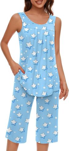 مجموعات بيجامات Findsweet للنساء بدون أكمام ناعمة من Pjs بدون أكمام وسروال كابري مع جيب للسيدات in Kuwait