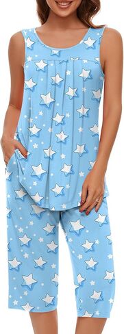 مجموعات بيجامات Findsweet للنساء بدون أكمام ناعمة من Pjs بدون أكمام وسروال كابري مع جيب للسيدات in Kuwait