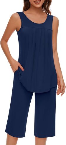 مجموعات بيجامات Findsweet للنساء بدون أكمام ناعمة من Pjs بدون أكمام وسروال كابري مع جيب للسيدات in Kuwait