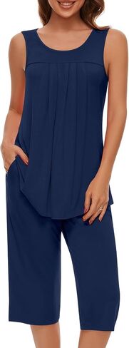 مجموعات بيجامات Findsweet للنساء بدون أكمام ناعمة من Pjs بدون أكمام وسروال كابري مع جيب للسيدات in Kuwait