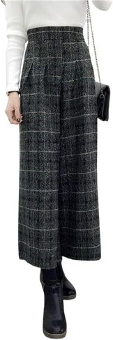 chouyatou Women's Winter High Waist Wide Leg Plaid Wool Blend Palazzo Capri Pants Culottes with Pockets in Kuwait