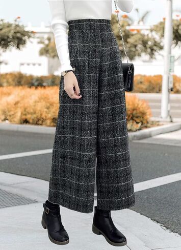 chouyatou Women's Winter High Waist Wide Leg Plaid Wool Blend Palazzo Capri Pants Culottes with Pockets in Kuwait