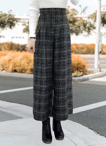 chouyatou Women's Winter High Waist Wide Leg Plaid Wool Blend Palazzo Capri Pants Culottes with Pockets in Kuwait