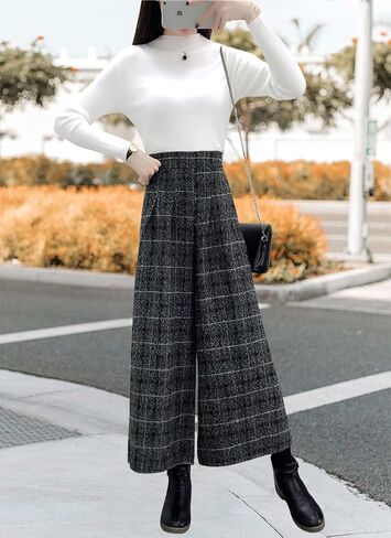 chouyatou Women's Winter High Waist Wide Leg Plaid Wool Blend Palazzo Capri Pants Culottes with Pockets in Kuwait
