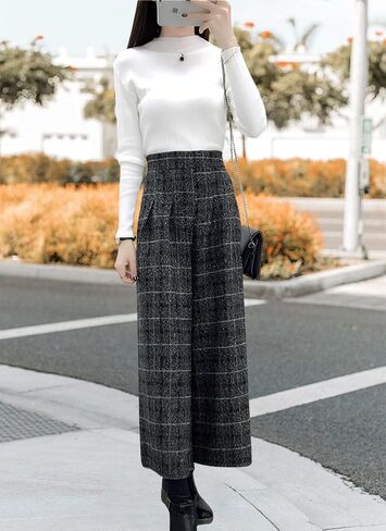 chouyatou Women's Winter High Waist Wide Leg Plaid Wool Blend Palazzo Capri Pants Culottes with Pockets in Kuwait