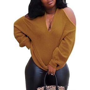 KOOBETON Women's Long Sleeve Skeleton Knit Pullover Multi Direction Sexy Backless Collarless Cold Shoulder Sweater