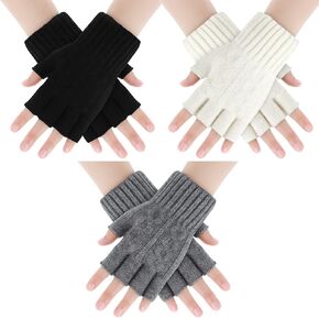 3 Pairs Unisex Fingerless Knit Gloves Soft Warm Unisex Fingerless Gloves Half Finger Stretchy Gloves with Finger Holes for Women Men, Black Grey and White, Black, Gray and White, One size in Kuwait