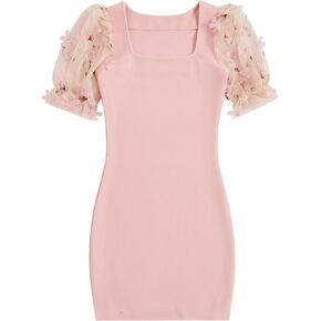 WDIRARA Girl's Contrast Polka Dots Mesh Puff Sleeve Round Neck Bodycon Casual Dress