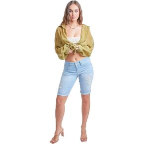 YMI Women's Junior Wannabettabutt Cuffed Rise Bermuda Mid Length Denim Shorts in Kuwait
